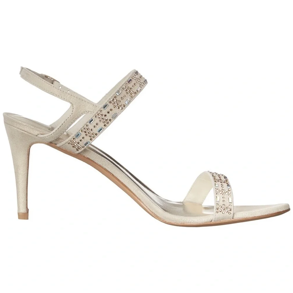 💕STUART WEITZMAN💕 Fireplace Sandal Ankle Strap Heels Light Gold Jewels 9.5
